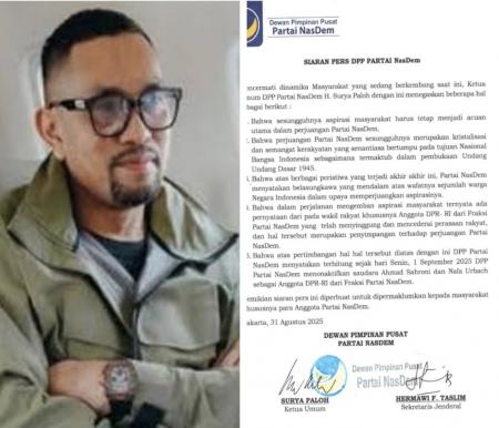 Beredar Surat NasDem Nonaktifkan Ahmad Sahroni dan Nafa Urbach dari Fraksi DPR RI
